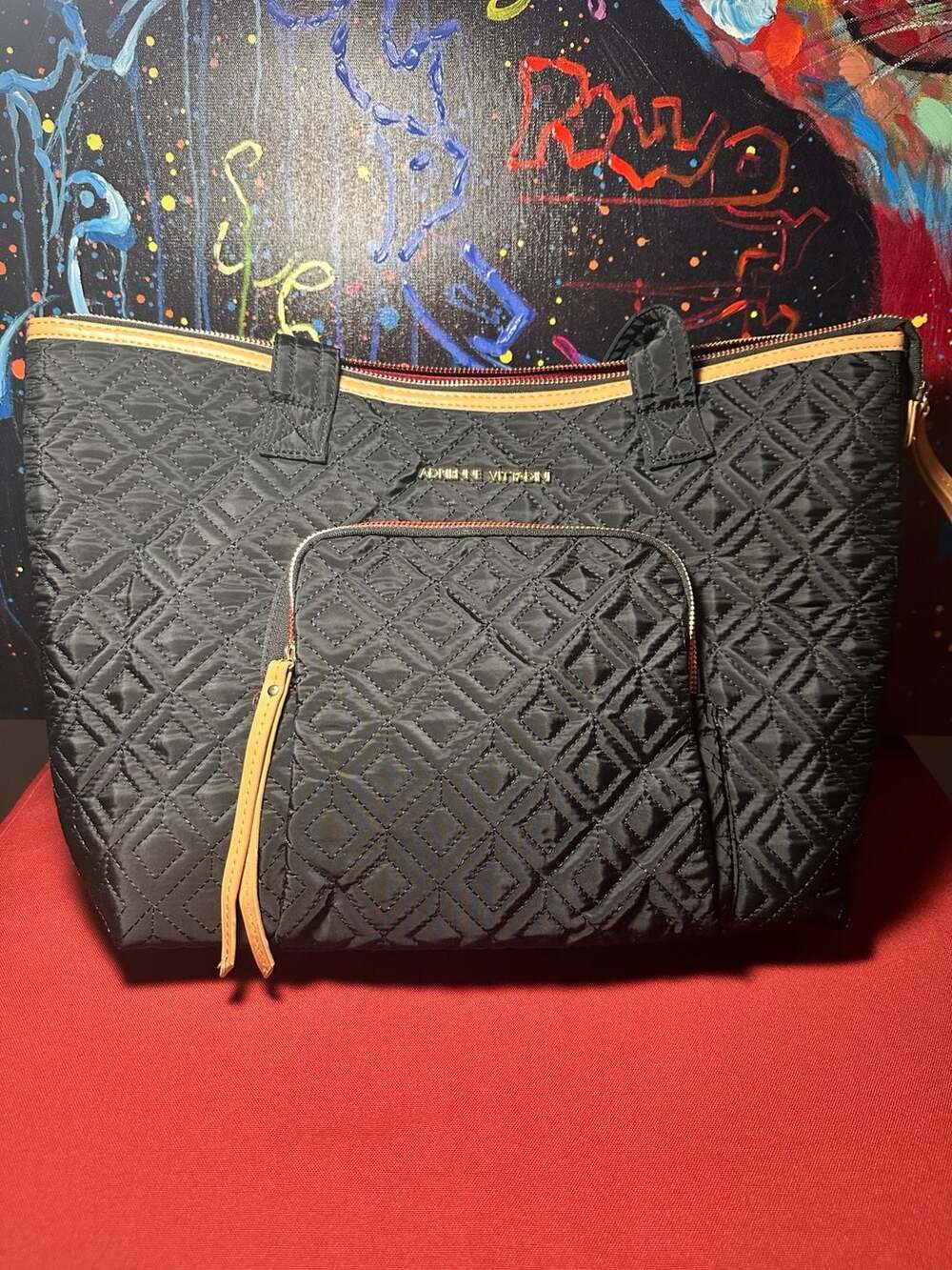 #41 Adrienne Vittadini Black Diamond Quilted Nylon Tote Bag with Tan Trim